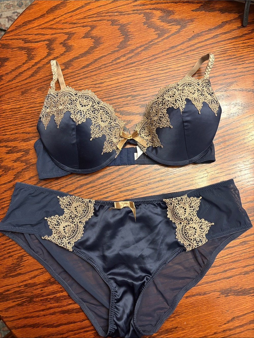 Blush luxury Navy and Gold Lace Satin Bra & Brief Set